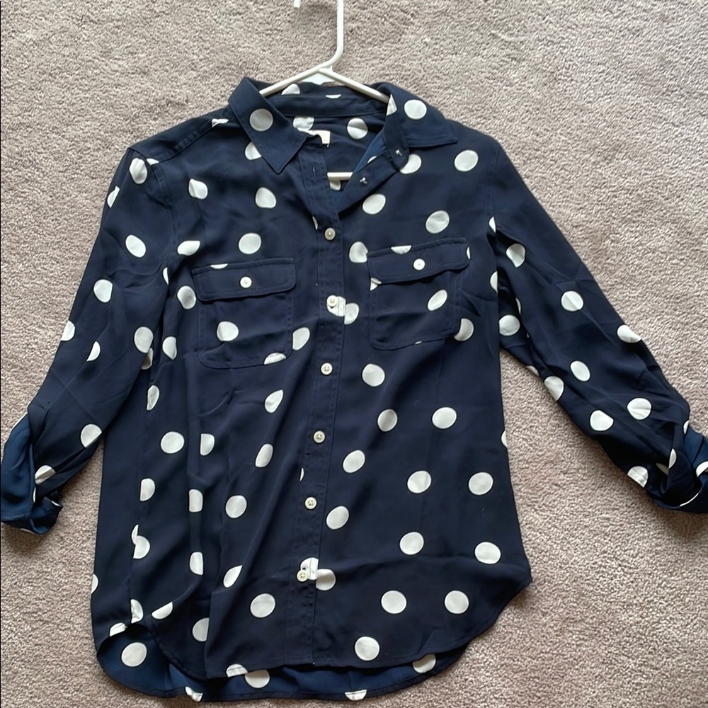Loft Navy Polka Dot Button-Up Top Blouse  Long Sleeve Camp Shirt S